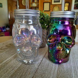 Mainstays Glass Skull Iridescent Mason Jar Sipper w Lid & Straw - Set of 2 NWT!